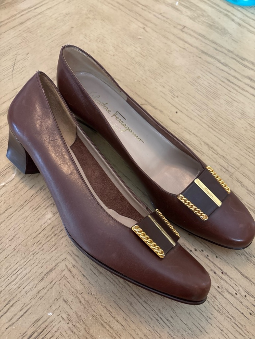 Salvatore Ferragamo Brown Leather Block Heel Pumps with Gold Chain Detail